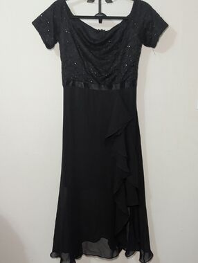 Bery Love Black Sequin Bodice Midi Dress Chiffon Skirt Formal NEW Women's Size M